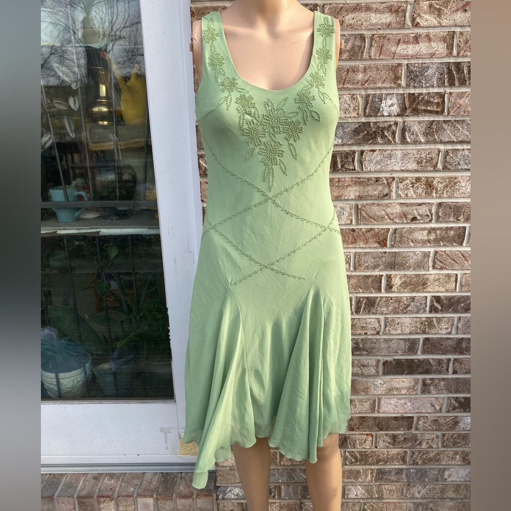 Vintage 90s/Y2K Green Beaded Fairycore Asymmetrical Dress NWTs Size Small - Picture 14 of 16